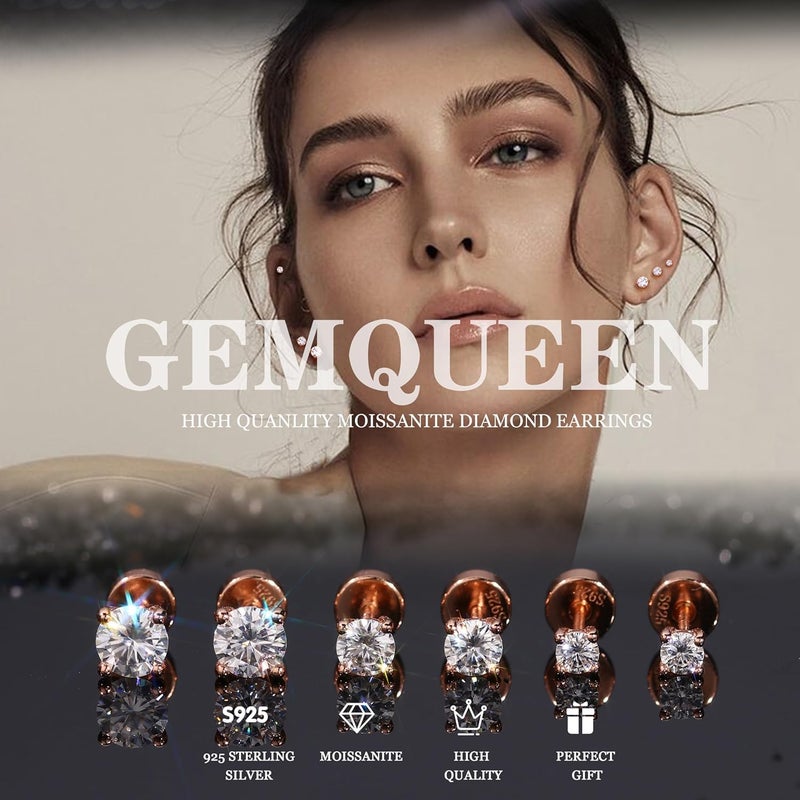 GEMQUEEN 3 Pairs Moissanite Earrings Studs 14K Gold Plated S925 Sterling Silver Flat Back Earring for Women Men - Hypoallergenic Set Cartilage Helix Piercing Jewelry Trendy Thanksgiving Christmas Gifts D Color VVS1 1.8CT - Image 4